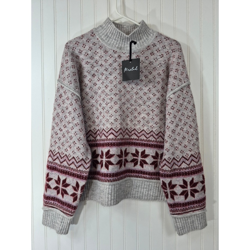 NWT Marled Women Grey Burgundy Fair Isle Snowflake Mock Neck Sweater Large Cozy